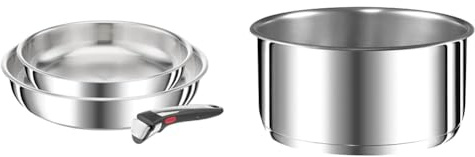 TEFAL Ingenio Preference On Lot de 2 Poêles 24/28 cm + poignée amovible, Induction, Acier inoxydable & Ingenio Preference Casserole 22 cm, Empilable, Acier inoxydable, Induction, Polyvalence