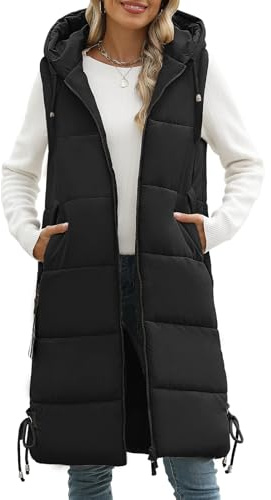 Vancavoo Gilet Lungo Donna Invernale Caldo Smanicato con Cappuccio Piumino Giacca Senza Maniche Imbottito Cappotto Gilet Leggeri con Zip,Nero,S