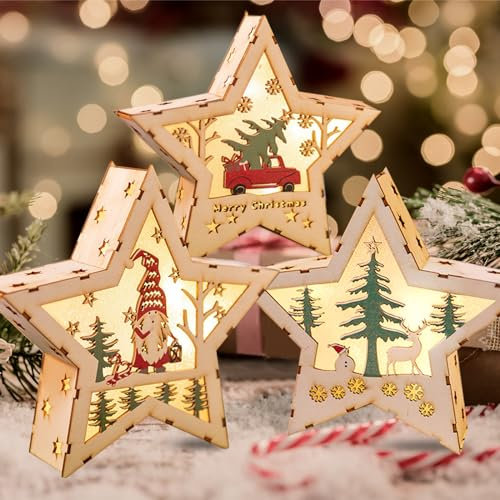 ZQEJEFD Luces Navideñas con Estrella LED, 3 PCS de Estrella de Luz Navideña, Decoración Navideña Iluminada de Madera LED, Adornos Navideños, Suministros para Fiestas en el Hogar para Navidad