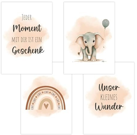 4er Set Baby DIN A3 Bilder mit Elefant, Regenbogen und Sprüchen, Poster mit Tiermotiv für Babyzimmer, 200g/m² Papier, Kinderzimmer Wanddeko, für Bilderrahmen, Dekoration für Jungen & Mädchen, Beige