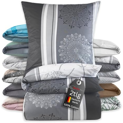 BaSaTex Bettwäsche Set Renforcé, 2-TLG., 155 x 220 cm, Blumen Grau | 100% Baumwolle, Öko_Tex Zertifiziert, Reißverschluss
