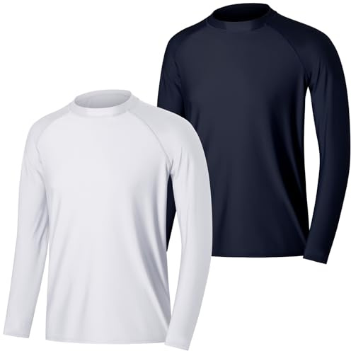 MASOCIO T Shirt Anti UV Homme Tee Shirt à Manche Longue Rashguard UPF 50+ Maillot de Bain Tshirt Hauts Baignade Surf Natation Wakeboard Plage 2 Pièces Taille M Blanc Bleu Marine