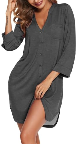 Ekouaer Camisones de Mujer Invierno Manga 3/4 Rayas Ropa de Dormir Vestido con Botones Cuello en V Super Suave, Gris Oscuro XL