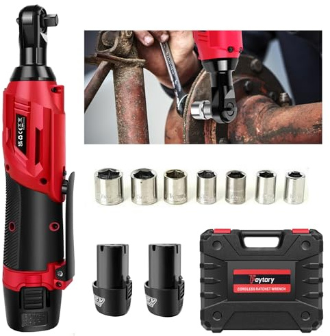 DayPlus Llave de trinquete con batería de 12V, 40 Nm Juego de llave de trinquete eléctrico, 2300 RPM con 2 baterías de iones de litio de 1.5Ah y carga rápida, 7 enchufes, velocidad variable, rojo