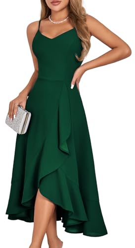DRESSTELLS Cocktail Dresses for Women, Modest Formal Wedding Guest Aline Fit Flare Vintage Tea Party High Low Ruffle Petite Dress DarkGreen S