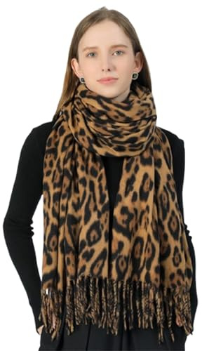 LAOYEFACAI Schal Damen Winter Schal Leopardenmuster Stola Damen Warm Schals & Tücher für DamenGeschenke für Frauen Leichtes großes Tuch mit kurzen Fransen