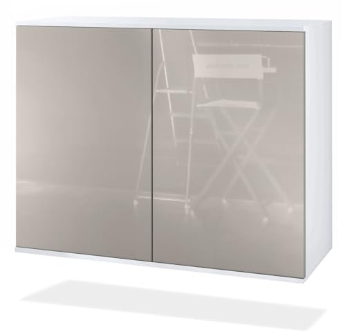 Vladon Kommode Skadu V3, Moderner Küchenschrank mit 2 großen Türen Weiß matt/Sandgrau Hochglanz (92,5 x 73.5 x 35)
