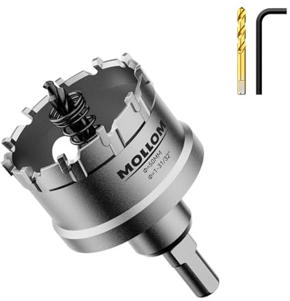 Mollom 1-31/32 (50mm) Hartmetall-Lochsäge Schwerlast mit 2 Zentrierbohrern | Industrielle Lochsägen zum Schneiden von Edelstahl, Baustahl, Eisen, Kupfer, Messing, Aluminium und Kunststoff
