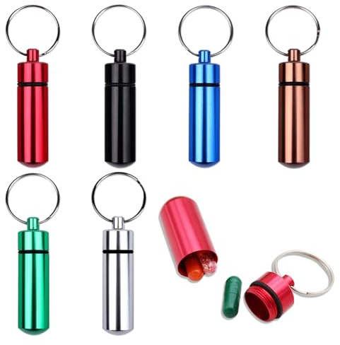 7-Stück Pillendose Klein für Unterwegs,Pillendose Schlüsselanhänger,Tragbare Pillendose Klein,mini Pillendose,Creative Pillenbox Klein,Tablettendose für Unterwegs Metall Kapsel,Aluminium-Pillendose