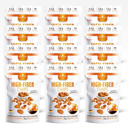 GOLDEN PEANUT Gourmet High-Fiber Chips Mango-Chili Style 12 x 25 g Bolsas de fibra saciante Snack Omega-3, Vegano y sin gluten