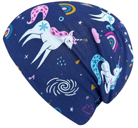 Ullkycklingar pojkar/flickor Shorties beanie/beanie-mössa/stickad mössa/barnmössa, bekväm, många motiv, jersey, tvåskiktsfodrad, övergångsperioder (ekologiskt tyg/bio) 202401, Enhörningar mörkblå,