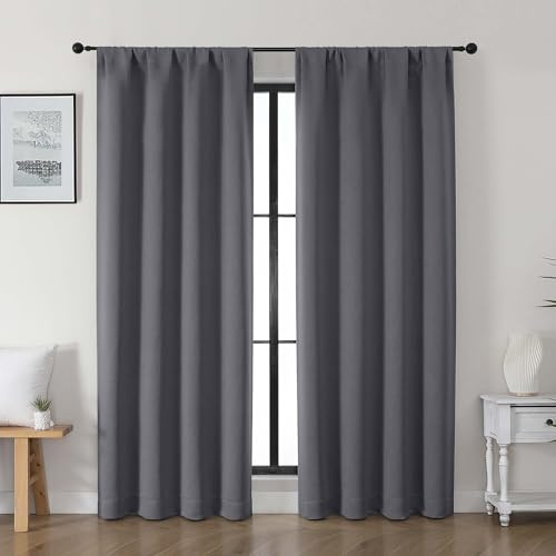 Gwine Charcoal Grey Blackout Curtains for Living Room 72 inches Long, Noise Reducing Room Darkening Window Treatment Curtains for Bedroom, Farmhouse Decor with Rod Pocket, Each 40 Wx72 L,2PCS