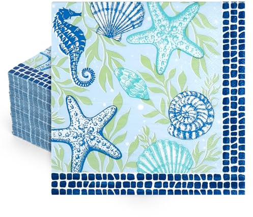 FYSUIMU 50 Pcs Summer Ocean Paper Napkins Under the Sea Seashell Starfish Disposable Napkins Watercolor Blue Luncheon Dinner Napkin for Birthday Beach Party Table Supplies