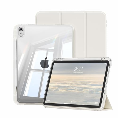 JKSML Case for iPad Air 11 inch M4/M3/M2(2026/2025/2024)&iPad Air 5th/4th Generation (2022/2020) 10.9 inch, 2-in-1 Removable Hard PC Transparent Back with Pencil Holder, Auto Sleep/Wake (White Cream)