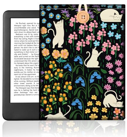 DOODLREAM Katze Spielt In Blumen EBook Reader, Tasche Für 6 7 E Reader Cat In Garden E Reader Hülle Mit Knopfverschluss Wasserdichter Stoff Doppelseitig Bedruckt Kätzchenliebhaber E Book Cover