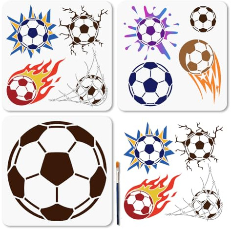 MAYJOYDIY 3 Stück 3 Stile Fußball Schablone Fußball Sport Vorlage 30cm Fußballflammen Explosions Schießerei Wiederverwendbare Schablonen Mit Pinsel Für DIY Scrapbook Fotoalbum