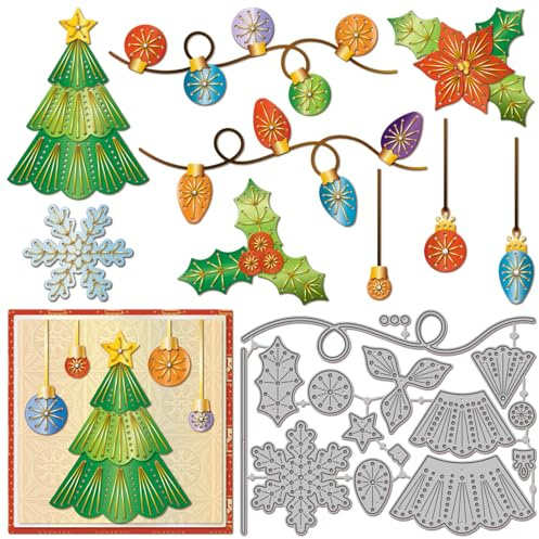 GLOBLELAND Weihnachtsstanzformen Mit Weihnachtsstern Stickerei Metall Stechpalmen Schneeflocken Stanzformen Weihnachtsbaum Lichterkette Stanz Und Prägevorlagen Für Scrapbooking Basteln Papierkarten