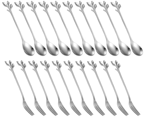 Qusedwey Juego de Tenedor de Cuchara Postre, 20 Piezas de Tenedor para Pastel de 4.7 Pulgadas, Cuchara de Café, Tenedor de Hoja de Plata para Frutas, (10 Cucharas + 10 Tenedores)