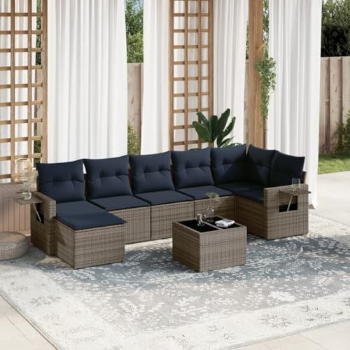 Teenpull Lot de 8 canapés de jardin en polyrotin gris avec coussins - Groupe de sièges de terrasse modulaire pour patio, balcon, jardin - Résistant aux UV
