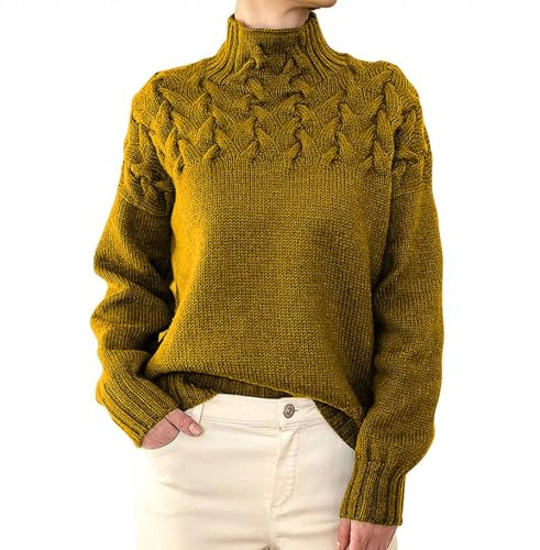 ZHENDEGL Pull Col roulé Femme,Pull en Tricot à Col Roulé Uni pour Femme - Cachemire - Tricot Côtelé - Laine Chaude - Ample - Manches Longues 01-Jaune terreux