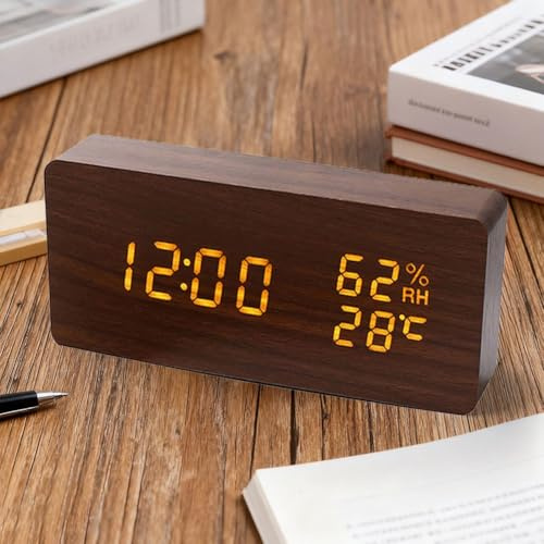 Silent Wooden Alarm Clock, with Thermometer and Hygrometer, U-S-B Type-C Powered Multifunctional Bedside Table Clock