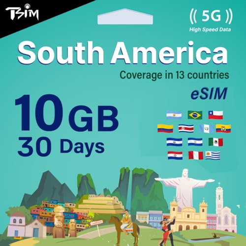 TSIM para Sudamérica eSIM – 30 días 10 GB | Red multioperador 5G/4G (Hotspot Permitido) | Uso en Brasil, Chile, Colombia, Argentina, Ecuador y más | eSIM en 24 Horas | Activación automática.