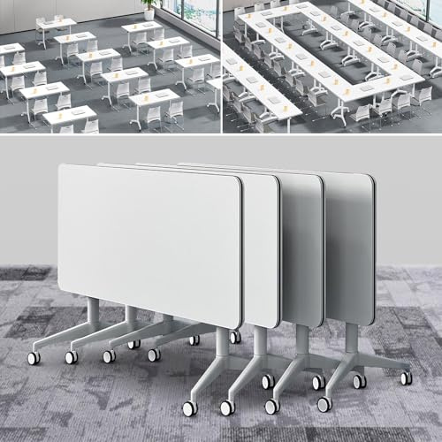 Tragbarer Klapptisch, weißer Klappkonferenztisch, mobiler Besprechungstisch mit feststellbaren Rollen, Schulungstisch für Büro, Klassenzimmer, platzsparend