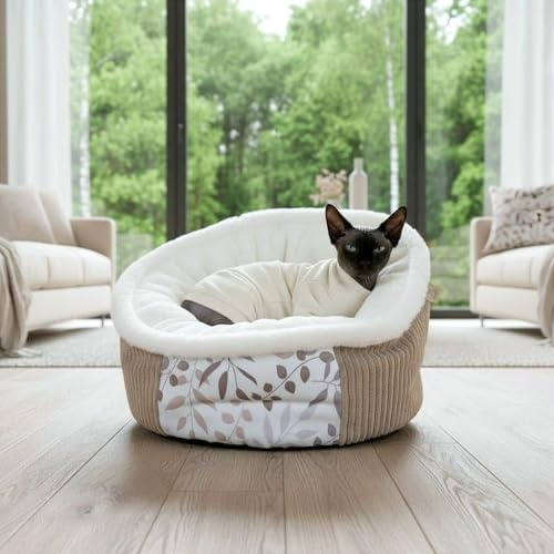 PRASKA Patchwork Katzenbett Hundebett 50 cm – Weiches Plüschbett mit Premium-Fell | Flauschiges Haustierbett für Katzen & kleine Hunde | Handgefertigt EU | Waschbar | Latte-Blätter
