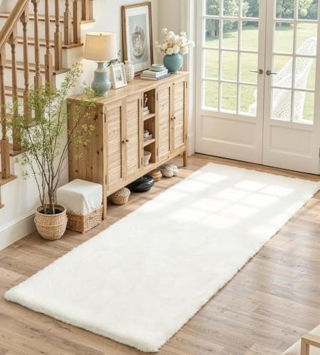 ROHATIM Teppich Läufer 60x180 cm Creme, Flauschiger Kunstfell Läufer in Kaninchenfell-Optik, Ultraweich & rutschfest, Waschbares Deko-Fell für Flur und Schlafzimmer