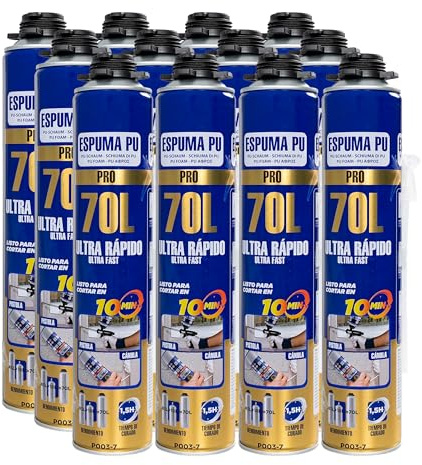Etrexonline Espuma de Poliuretano 70L Ultra Rápida 750ml con Cánulas – Espuma Expansiva Multiusos para Sellado, Aislamiento y Relleno - Pack de 12 Botes
