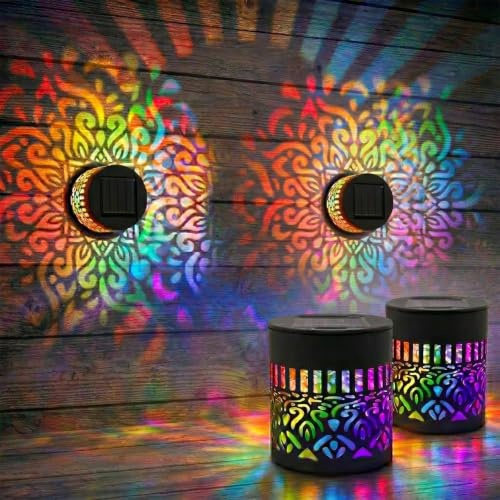 Solar Mandala Lights Outdoor Wall Projector,Decorative Color Changing Mandala Solar Lights for Fence,Garden,Patio,Yard Decor,Waterproof Metal Boho Night Lighting (2PCS)