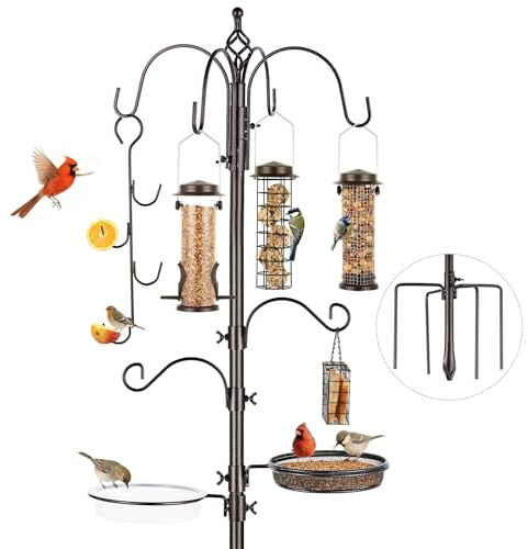 Bird Feeding Station Kit Pole Wild Bird Feeder Hanging Planter Hanger Multi Feeder Hanging with Metal Suet Feeder Bird Bath for Attracting Wild Birds