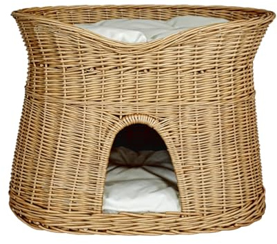 Katzenkorb zum Schlafen – Katzenhütte Indoor – Größe XL: 70 cm oval – Katzenhöhle aus Weide – Zweistöckiger Hunde – oder Katzenbett mit waschbaren Kissen in Ecru – Natürliche Korbfarbe