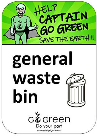 General waste bin recycling sign - Self adhesive vinyl sticker - Size 100mm x 140mm - Encourage children to recycle with these 'Captain Go Green' recycling stickers (10)