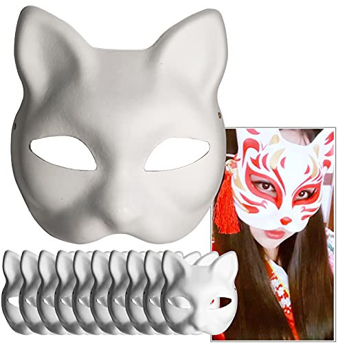 Feeziloe Lot de 10 masques en papier blanc peint à la main, motif visage de chat, motif de personnalité pour Halloween, bal masqué, cosplay
