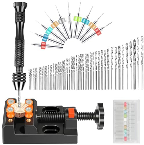 SUNJOYCO 60 PCS Pin Vise Hand Drill Set, Micro Mini Twist Drill Bits PCB Drill Bits Bench Vise Tool for Resin Wood Jewelry Making DIY Drilling and Model Building