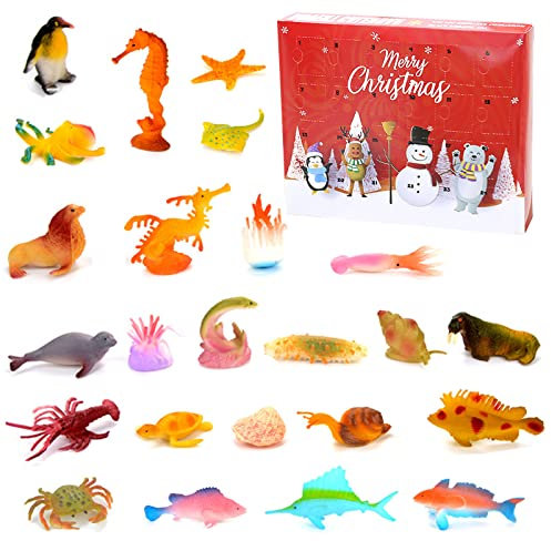 Calendario dell'Avvento per bambini, 24 pezzi, animali marini, calendario dell'Avvento, giocattolo subacqueo, animali marini, set di calendario dell'Avvento per ragazzi e ragazze