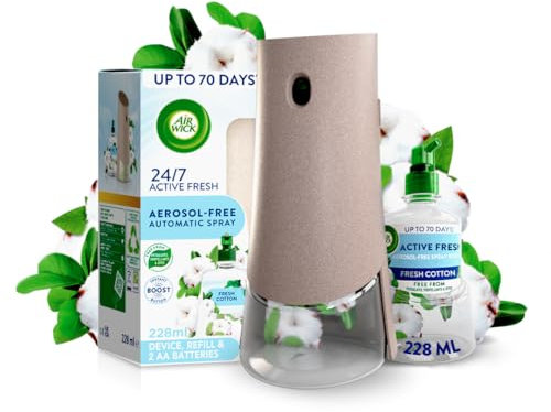 Air Wick Aerosol-Free Automatic Air Freshener Spray Kit, Fresh Cotton, 1 Gadget & 1 Refill (228ml), 24x7 Active Fresh Odour Neutraliser, Lasts Up to 70 Days, Air freshener for Home