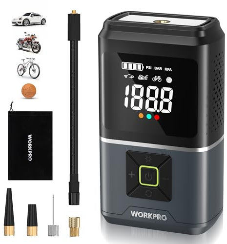 WORKPRO Elektrische Luftpumpe 150PSI(10,3bar), Akku Luftkompressor 7,2V 2500mAh, Kabellose Tragbare Reifenpumpe mit Digitalanzeige und Notbeleuchtung für Auto, Fahrrad, Motorrad, Bälle, mit Tragtasche