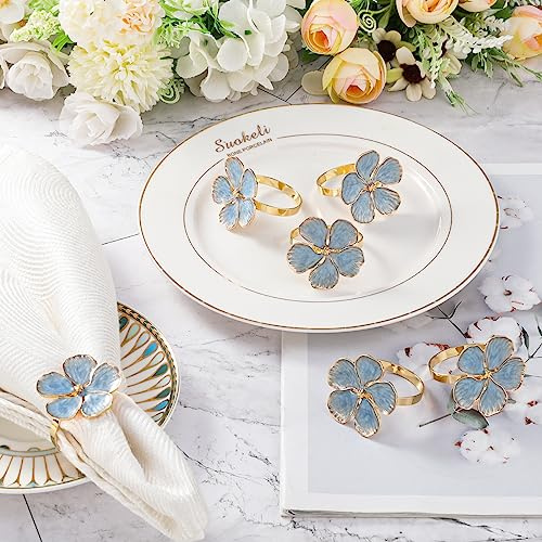 Lewondr Napkin Rings Set of 6 Flowers Napkin Ring Holders Dinner Tables Rings Elegant Ornament Table Setting Decoration for Wedding, Christmas, Thanksgiving, Birthday, Holiday, Party, Blue