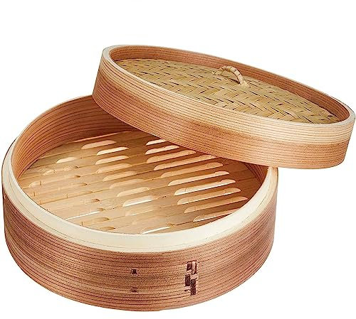 CABLEPELADO Cesta de Vapor de Bambú para Cocinar Asiático, Steamer de bambú, Canasta de bambú para vapor, Vaporera de bambú, Dim sum basket, Diámetro 20 cm, Altura 14 cm, 2 nivel, 350 gramos