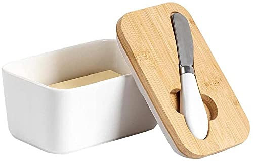 Beurrier à fromage en porcelaine avec couvercle en bois blanc