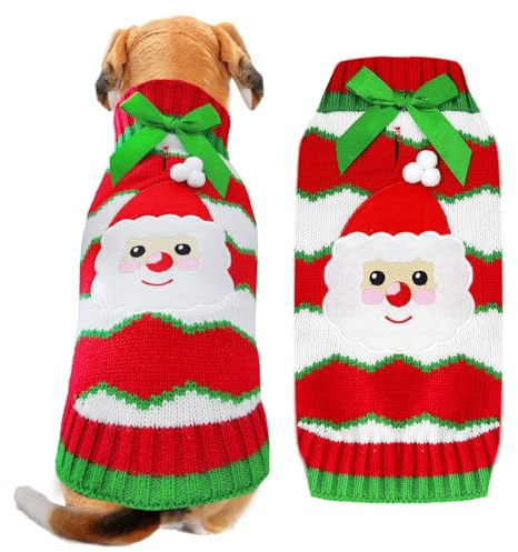 ABRRLO Weihnachten Hunde Pullover Weihnachtsmann Klein Mittel Groß Haustier Kleid Rot Pullover mit Leine Loch Katze Pullover Haustier Pullover Kleidung(Pullover,M)