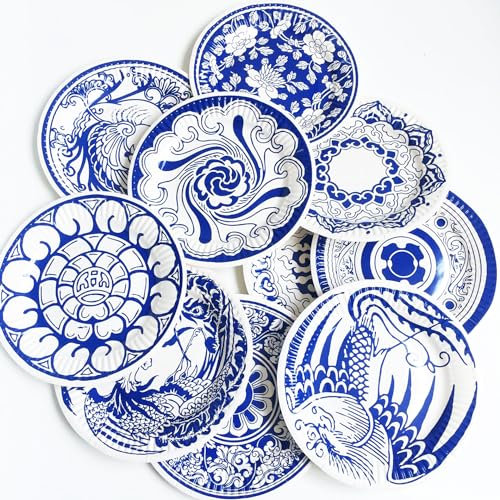 GW Box Lot de 24 assiettes jetables en carton à motif bleu et blanc pour décoration murale extérieure pour gâteau dessert 17,8 cm