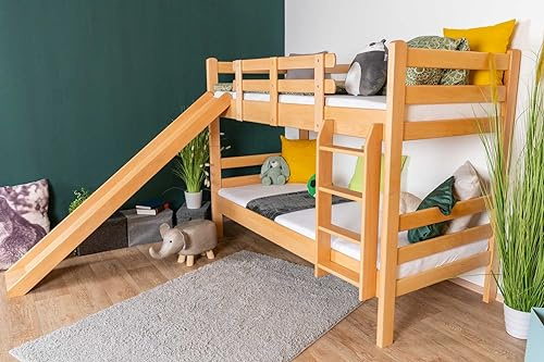 Etagenbett mit Rutsche 90 x 200 cm, Buche Massivholz Natur lackiert, teilbar in zwei Einzelbetten, Easy Premium Line K28/n