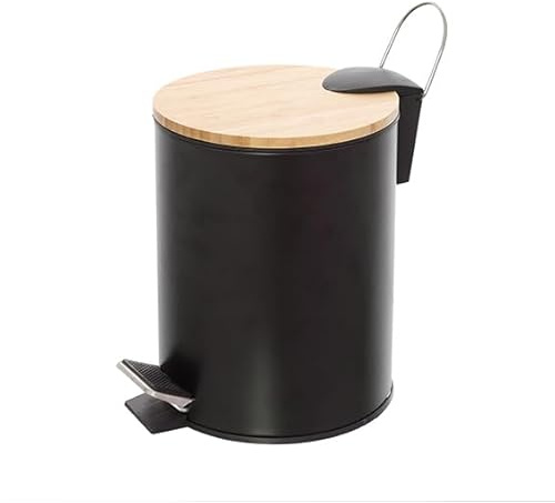 Papelera de 3 litros para baño de acero color blanco mate y bambú para inodoro (negro)
