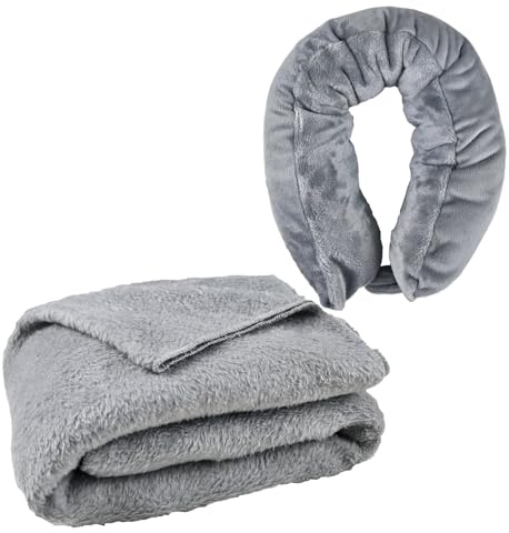 lomitech Travel Blanket and Neck Pillow 2-in-1,Soft Fleece Warm Blanket,Comfortable Airplane Travel Pillow,Portable Blanket for Airplane,Camping,Office,Car