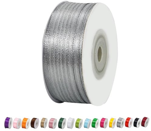 Satinband Silbrig 3mm Breit Geschenkband Satin,91m Satinbänder Silbrig Dick Schleifenband Dekoband Seidenband Geschenkverpackung Stoffband Geschenkbänder für Dekorieren Basteln Kleid Hochzeit