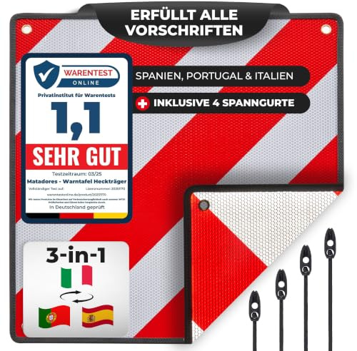 MATADORES Premium 3in1 Warntafel für Italien UND Spanien + Portugal | + 4 Spanngurte | Aluminium, 50x50cm, reflektierend | Für Fahrradträger/Heckträger