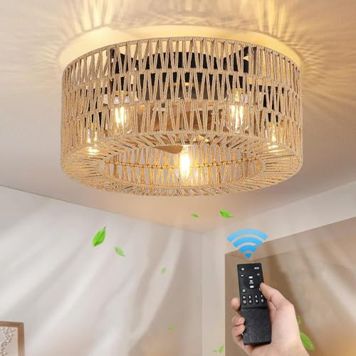 KZT Retro Deckenventilator mit Beleuchtung Dimmbar E27 Deckenleuchte mit Ventilator und Fernbedienung Timer Leise Ventilator Deckenlampe mit Vintage Rattan Lampenschirm für Schlafzimmer Wohnzimmer